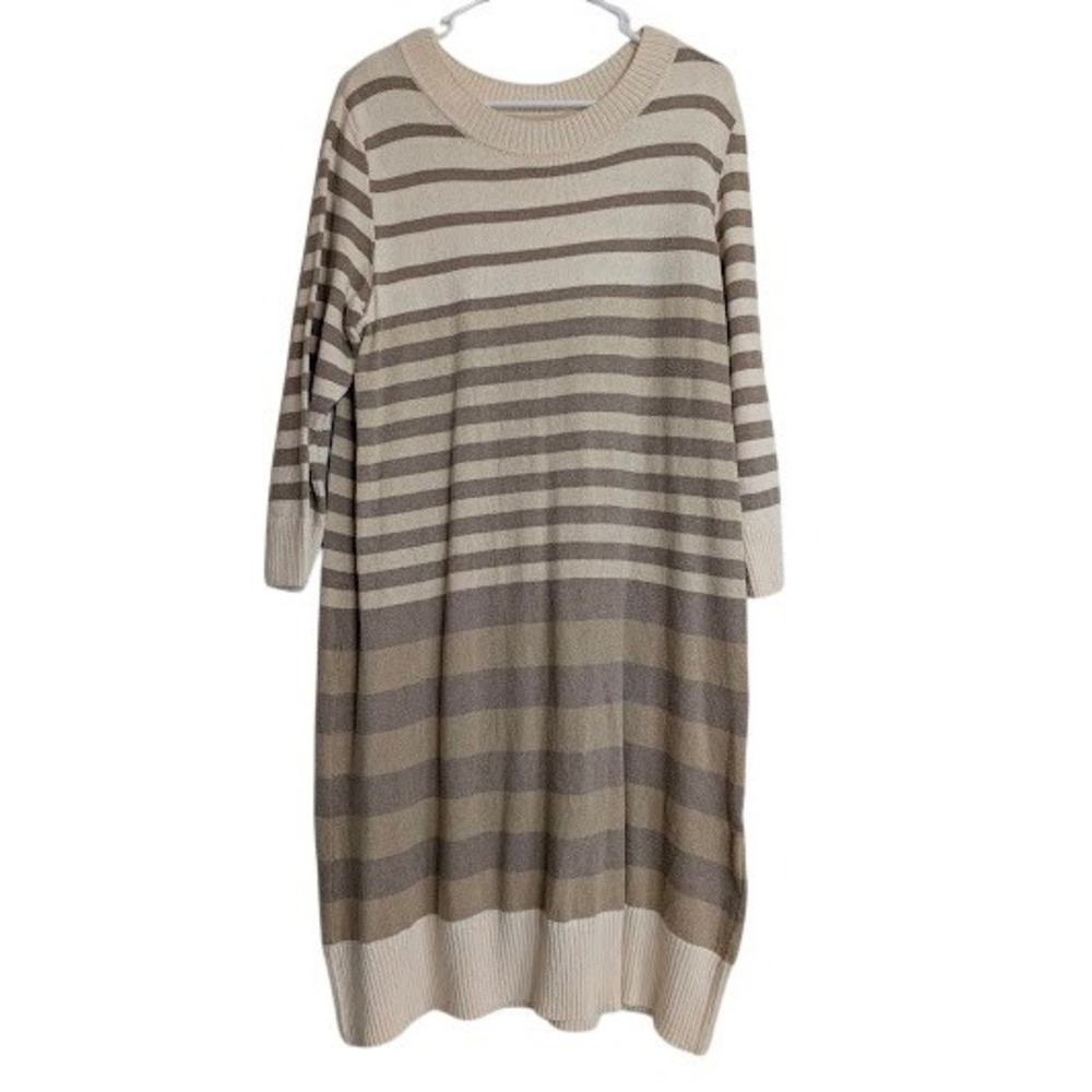 Gudrun Sjoden Womens Striped Knit Sweater Dress Medium Tan Beige Boho Lagenlook